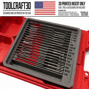 May include: A grey 3D printed insert for a red tool organizer, featuring labeled slots for spade drill bits ranging from 1/4 to 1-1/2 inches. The text reads TOOLCRAFT3D, 3D PRINTED INSERT ONLY, and lists compatible Milwaukee Packout models.
