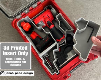 May include: A 3D printed insert for a tool case. The insert is gray and has compartments for a variety of tools, including a drill, a saw, and a wrench. The text "3d Printed Insert Only Case, Tools, & Accessories Not Included" is printed on a gray label. The text "jonah_pope_design" is printed on a white label with an Instagram icon.