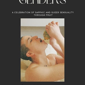 Puede incluir: Una persona está comiendo una pieza de fruta. La imagen tiene el pie de foto "Queer desire is fruit, sacred in its sweetness." y "THE SACRED GENDERS A CELEBRATION OF SAPPHIC AND QUEER SENSUALITY THROUGH FRUIT" y "FRANKIEB LAMBERT".