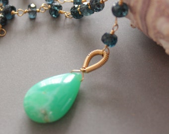 Apatite Wire Wrapped Necklace, Green Stone Pendant ~ Gemstone Beaded Necklace - Gift for Her - AdoniaCollection AC121