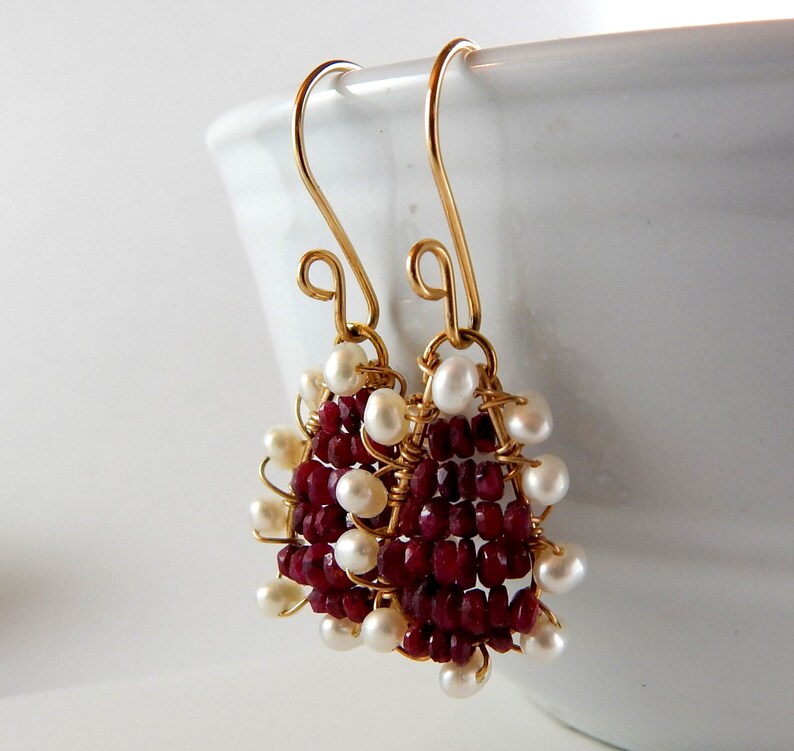 Ruby and Pearl Earrings Wrapped in 14k Gold Fill Gemstone | Etsy