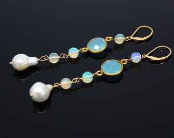 Brincos longos de opala pérola barroca - Presente para esposa - Presente para mamãe