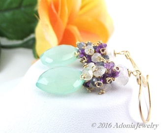 Seafoam Green Leaf Cluster Earrings - Moonstone Tanzanite Cluster - Handmade Jewelry by Adonia Collection