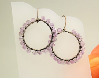 Pink Amethyst Hoop Earrings / Handmade Hoops