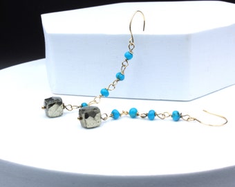 Turquoise Pyrite Earrings Gold, Dangle and Drop Earrings, Nacozari Mine