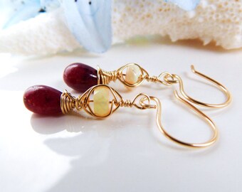 Madagascar Ruby and Opal Earrings Wrapped in 14k Gold Fill - Gemstone Earrings - Handmade - AdoniaJewelry