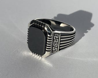 メンズリング - シルバーオーバルオニキスシグネットリング - 小さな