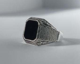 Silver Signet Ring - Vintage Style Black Stone Signet Ring Men - Mens Signet Ring - Silver Rings for Men - Jewelry Gift - Mens Ring UK