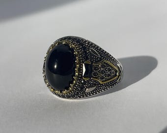 Silver Signet Ring - Silver Signet Ring for Men - Stainless Steel Ring - Black Onyx Mens Ring - Signet Ring - Simple Mens Ring -Gift for Him