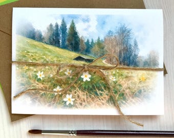 Kartka okolicznościowa z górskim krajobrazem Freibergsee, papier akwarelowy, składana, format A6