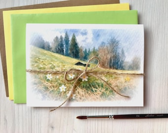 Tarjeta de felicitación con paisaje de montaña, Freibergsee, papel de acuarela, tarjeta plegable, impresión A6