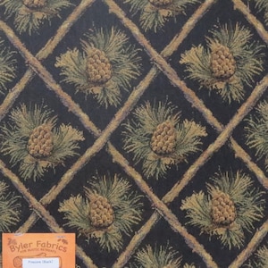 May include: Black fabric with a repeating pattern of pine cones and branches. The fabric has a woven texture and is labeled "Pinecone (Black)" by "Byler Fabrics for Rustic Retreats".