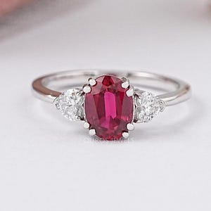 Ready To Ship, Red Ruby Oval Cut Gemstone Three Stone Ring, Side Heart Cut Diamond Ring, 14K White Gold Ring, Double Prong Set Ring