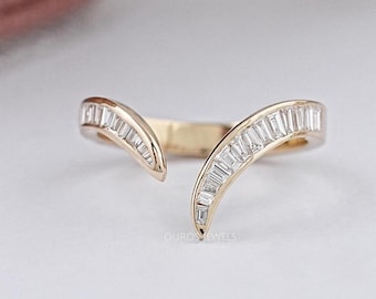 Tapered Baguette Cut V Shape Curved Band, 14K Yellow Gold Lab Grown Diamond Proposal Band, Conflict Free Diamond Wedding Band Gift For Her