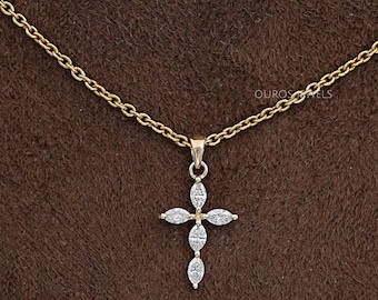 Collier croix diamant taille marquise, collier de mariage diamants cultivés en laboratoire EF-VS, collier superposé en or 14 carats, cadeau collier minimaliste pour elle