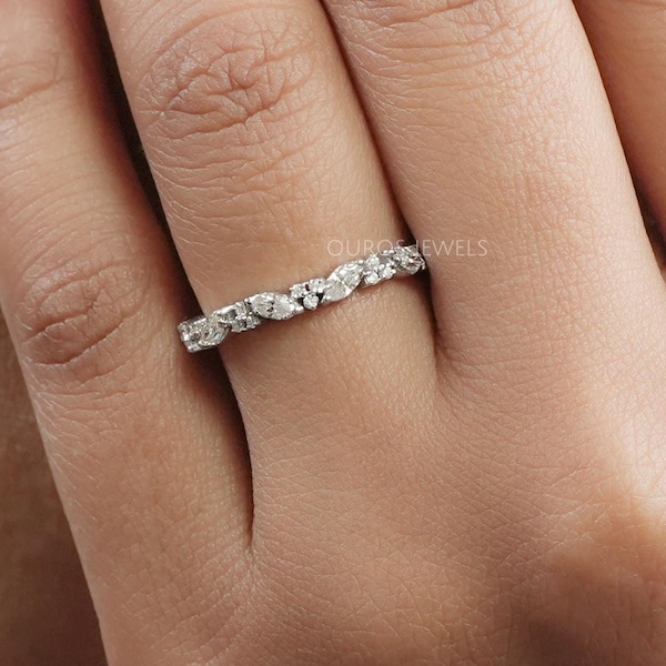 Marquise Cut Lab Grown Diamond Half Eternity Ring, Prong Set Round Diamond Wedding Ring, Minimalist Conflict Free Diamond Women Ring