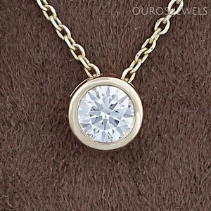 Round Cut Lab Grown Diamond Solitaire Necklace, Bezel Setting CVD Diamond Bridal Necklace, 14K Solid Gold Necklace, Wedding Necklace For Her