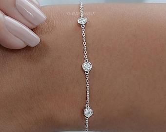 Round Cut Lab Grown Diamond Station Style Bracelet, Conflict Free Diamond Bezel Set Bracelet Gift For Her, 14K White Gold Bridal Bracelet