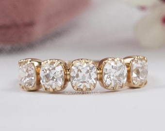 Old Mine kussengeslepen laboratorium diamant halve eeuwigheid band, vijf stenen klauwtanden set trouwring voor vrouwen, 14 kt geelgouden band voor liefde