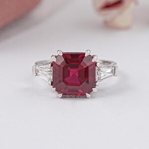 Ready To Ship, Asscher Cut Red Ruby Gemstone Tri Stone Ring, Side Tapered Baguette Cut Diamond Ring, 14K White Gold Claw Prong Set Ring
