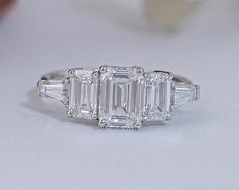 Emerald Cut Lab Grown Diamond Engagement Ring, Eco Friendly Diamond Five Stone Bridal Ring, CVD Diamond Anniversary Ring, Wedding Gift