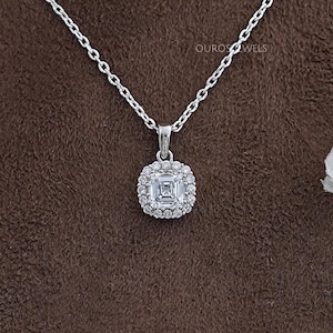 Asscher Cut Lab Diamond Halo Solitaire Necklace, Four Prong Set CVD Diamond Love Necklace, Hand Made Diamond Necklace, 14K Gold Necklace