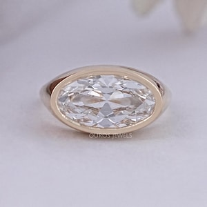 Old Mine Moval Cut Lab Grown Diamond Bezel Set Ring, 14K Yellow Gold Solitaire Diamond Wedding Ring, Conflict Free Diamond Engagement Ring