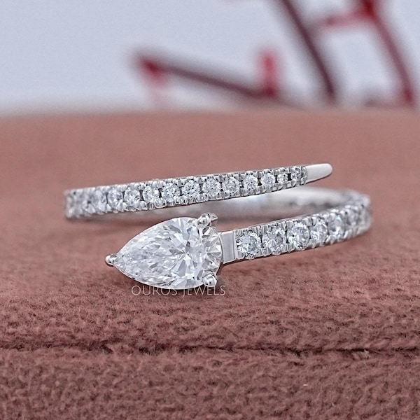 Pear Cut Lab Grown Diamond Bypass Snake Band, 14K Solid Gold Open Ring Snake, Round Diamond Open Cuff Band, CVD Diamond Anniversary Band