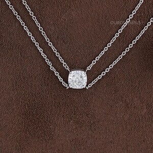Cushion Cut Lab Grown Diamond Solitaire Wedding Necklace, Double Row Chain CVD Diamond Necklace, 14K Solid Gold Necklace, Prong Set Necklace