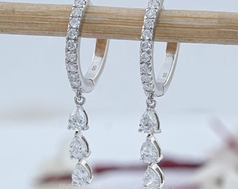 Pear Cut Lab Grown Diamond Dangle Hoop Earrings, Round Diamond Hoop Earrings, 14K Solid Gold Latch Back Hoops, CVD Diamond Bridal Earrings