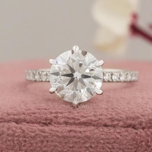 Round Cut CVD Diamond Solitaire With Accent Ring, Lab Grown Diamond Wedding Ring, Handmade Ring For Anniversary Gift, Proposal Ring For Her