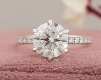 Round Cut CVD Diamond Solitaire With Accent Ring, Lab Grown Diamond Wedding Ring, Handmade Ring For Anniversary Gift, Proposal Ring For Her