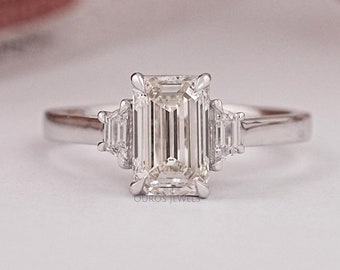 Emerald Cut Lab Grown Diamond Three Stone Ring, Side Trapezoid Cut Diamond Engagement Ring For Wife, Hand Made Diamond Trilogy Ring For Her
