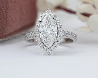 Anello di fidanzamento con alone di diamanti coltivati in laboratorio taglio marquise, anello in oro massiccio 14 carati, anello con diamanti CVD, fede nuziale con incastonatura a griffe per donna