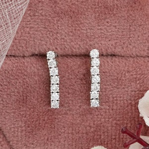 Round Cut Eco Friendly Diamond Linear Drop Earrings, 14K White Gold CVD Diamond Earrings, Hand Made Diamond Wedding Earrings For Bride
