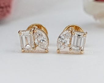 Orecchini a lobo Toi Et Moi con diamanti taglio smeraldo e marquise, chiusura a vite in oro giallo 14 carati, orecchini da matrimonio con diamanti creati in laboratorio, pronti per la spedizione.