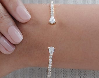 Pear Cut Lab Grown Diamond Open Cuff Bangle, Round Diamond Daily Wear Bangle, 14K Solid Gold Bangle, Conflict Free Diamond Wedding Bangle