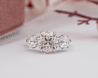 Old Mine Cushion Cut Lab Grown Diamond Ring, CVD Diamond Three Stone Ring For Engagement Gift, 14K White Gold Old Cut Ring For Birthday Gift