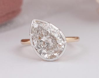 Birnen-Schnitt-Labrador gewachsener Diamant-Ring mit Knopf, gekippter Birnen-Diamant-Solitärring, 14K solid Gold-Diamantring, Geschenk für sie