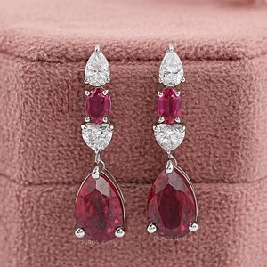 Red Ruby Pear Cut Lab Gemstone Tear Drop Earrings, EF-VS Lab Grown Diamond Dangle Drop Earrings, Screw Back Diamond Earrings, Gift For Her