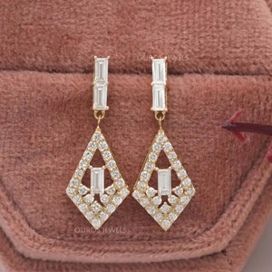 Baguette Cut Lab Grown Diamond Dangle Drop Earrings, 14K Yellow Gold Cluster Earrings,  Diamond Screw Back Earrings, Ready To Ship