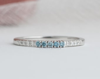 Blue Round Cut Lab Diamond Half Eternity Band, Conflict Free Diamond Wedding Band, Everyday Wear Diamond Band, 14K Solid Gold Stacking Band