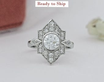 Listo para enviar, anillo con engaste de diamante de laboratorio de 1,40 quilates: anillo de novia vintage de oro blanco de 14 quilates, talla 6,5.