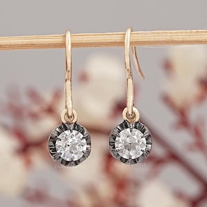 Old European Cut Lab Grown Diamond Dangle Earrings, Diamond Wedding Earrings With Black Coating, 14K Solid Gold Women&#39;s Earrings