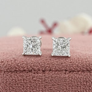 Princess Cut Lab Grown Diamond Solitaire Earrings, Screw Back Studs For Her, 0.50 To 5.00 TCW Princess Diamond Earrings, Anniversary Gifts