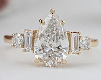 Anillo de cinco piedras con diamantes cultivados en laboratorio talla pera, anillo de boda con diamantes engastados con garras, anillo de oro amarillo de 14 quilates, anillo de compromiso con diamantes CVD para mujer.