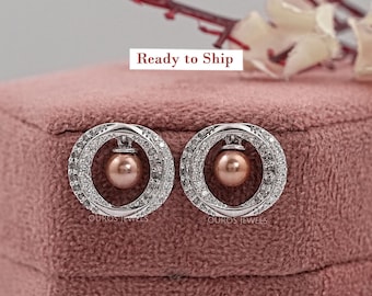 Bruine parel en ronde diamanten halo-druppeloorbellen, open cirkel lab-gegroeide diamanten bruiloft oorbellen, schroef diamanten oorbellen, klaar voor verzending