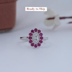 Old Mine Oval Cut Lab Diamond Bezel Set Halo Ring, Pink Round Gemstone Floral Style Wedding Ring, 14K White Gold Bridal Ring, Ready To Ship