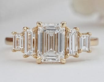 Emerald Cut CVD Diamond Five Stone Ring, EF-VS Clarity Lab Diamond Ring, 14K Yellow Gold Engagement Ring, Claw Prong Set Ring, Gift For Her