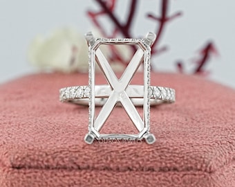 Emerald Shape Semi Mount Accent Ring, Hidden Halo CVD Diamond Wedding Ring, 14K Solid Gold Bridal Ring, Ready To Set Your Own Custom Ring